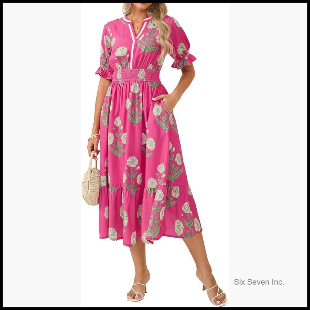 Summer Floral Maxi Dress With Pockets Ruffle Sleeve Casual Boho